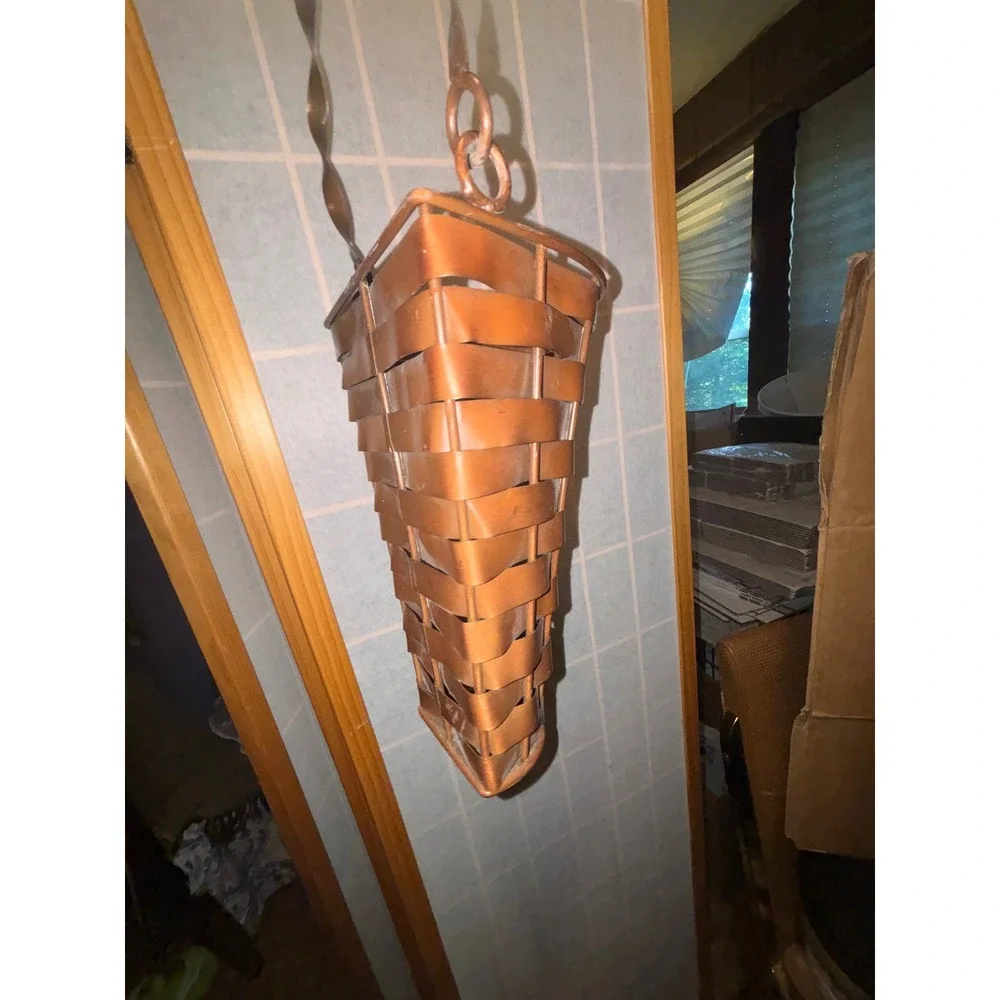 Vintage Copper Woven Metal Hanging Wall Basket Planter Twisted Handle 15.5in